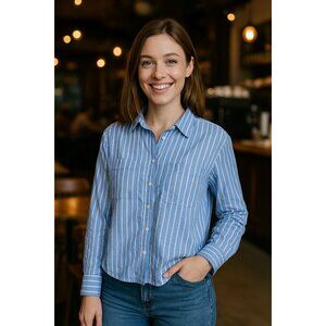 Old Navy Boyfriend Shirt Blue White Stripe Long Sleeve Cotton Button Up L